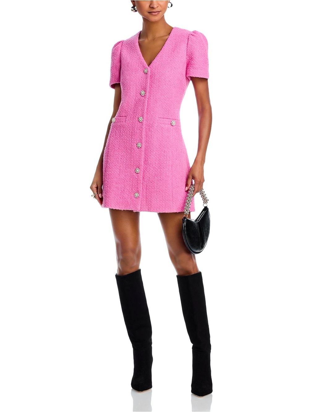 Avara: Pink Bouclé V-Neck Mini Dress with Decorative Buttons